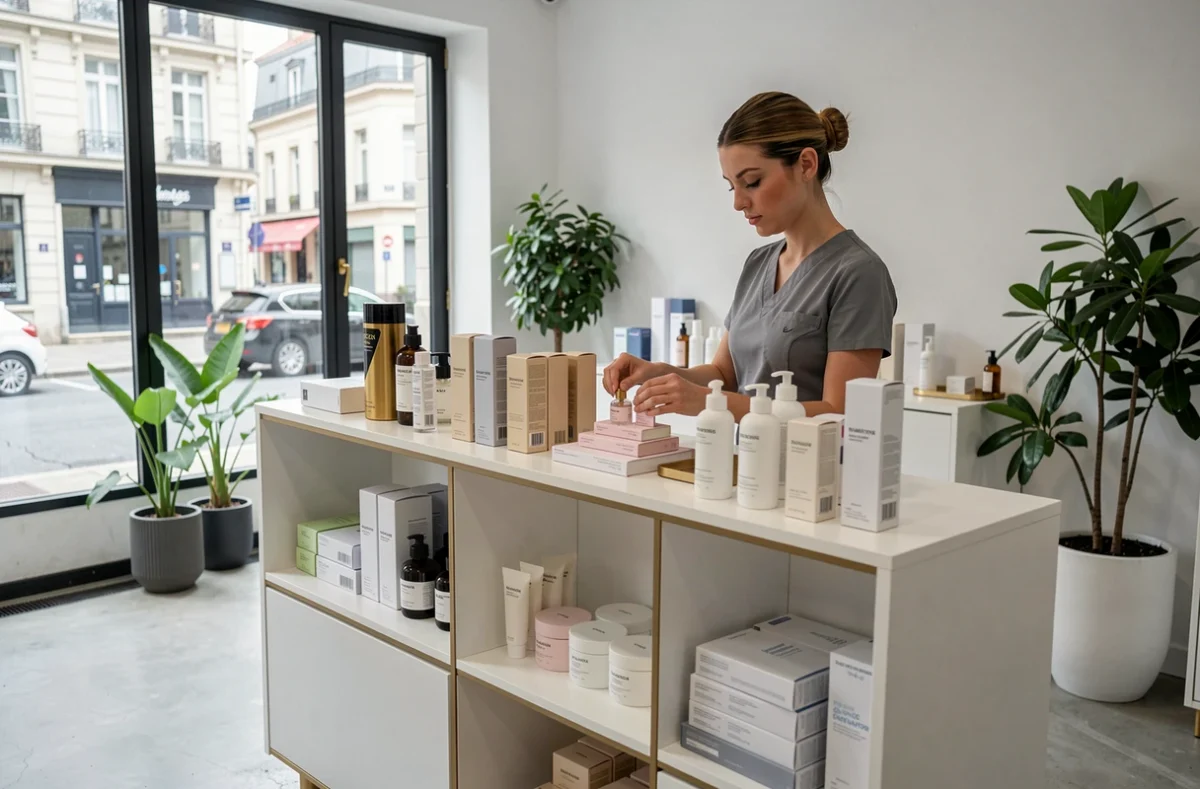 Esthéticienne arrangeant des produits de soin dans l'institut Le Comptoir du Soin à Nantes