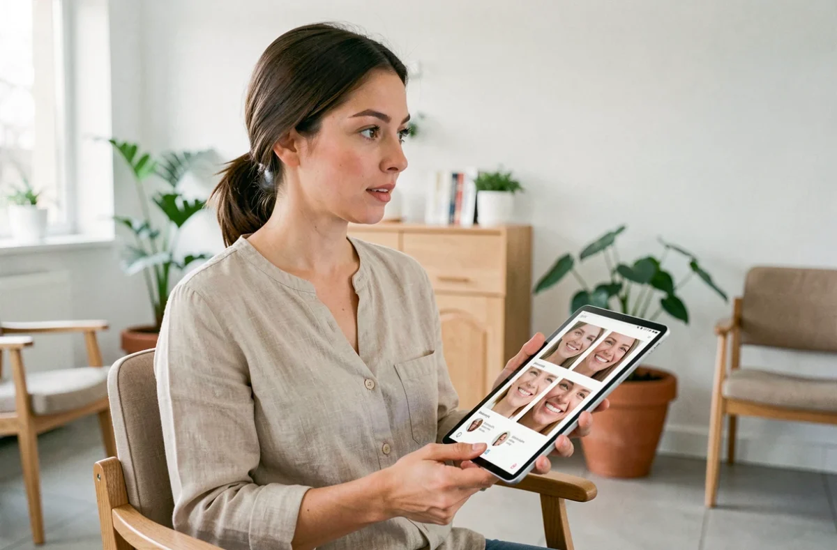 Femme en consultation dentaire regardant des photos avant/après sourire sur une tablette dans une clinique The Smilist