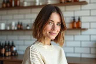 Femme aux cheveux fins et raides en carré mi-long avec balayage caramel pour donner du volume et de la densité