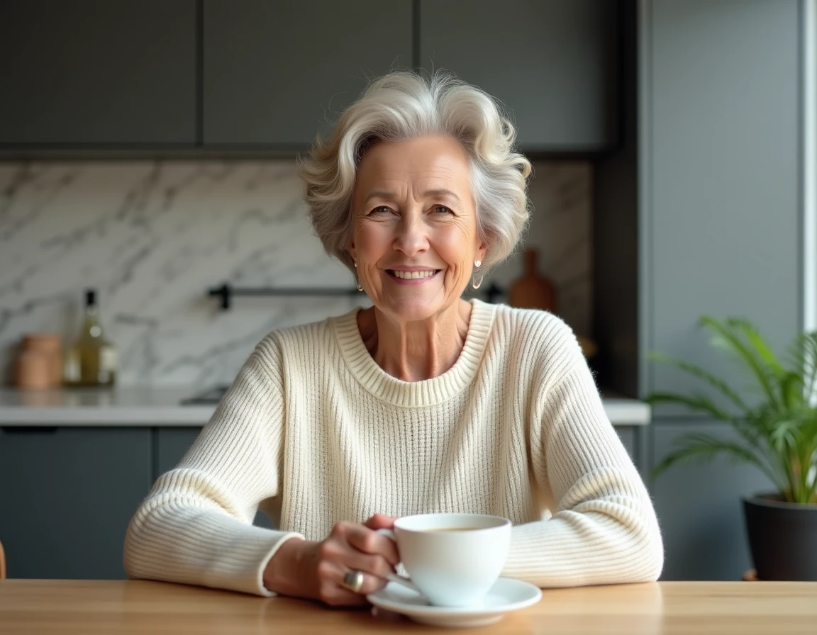 Femme de 60 ans avec une coupe courte bouclée volumineuse assise dans une cuisine moderne, coiffure rajeunissante pour visage rond