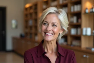 Femme de 60 ans avec une coupe courte pixie ondulée assise dans un salon de coiffure, visage rond mis en valeur par une coupe rajeunissante