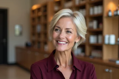 Femme de 60 ans avec une coupe courte pixie ondulée assise dans un salon de coiffure, visage rond mis en valeur par une coupe rajeunissante