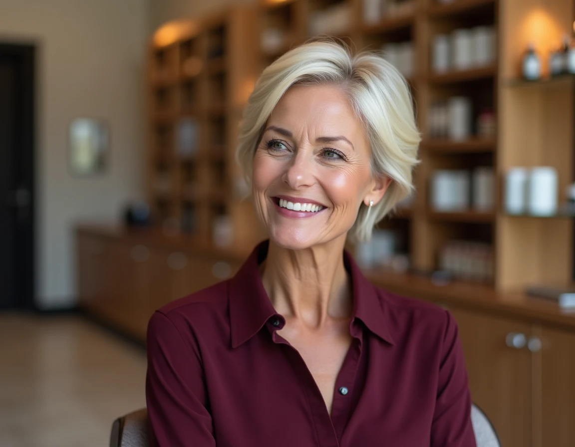 Femme de 60 ans avec une coupe courte pixie ondulée assise dans un salon de coiffure, visage rond mis en valeur par une coupe rajeunissante