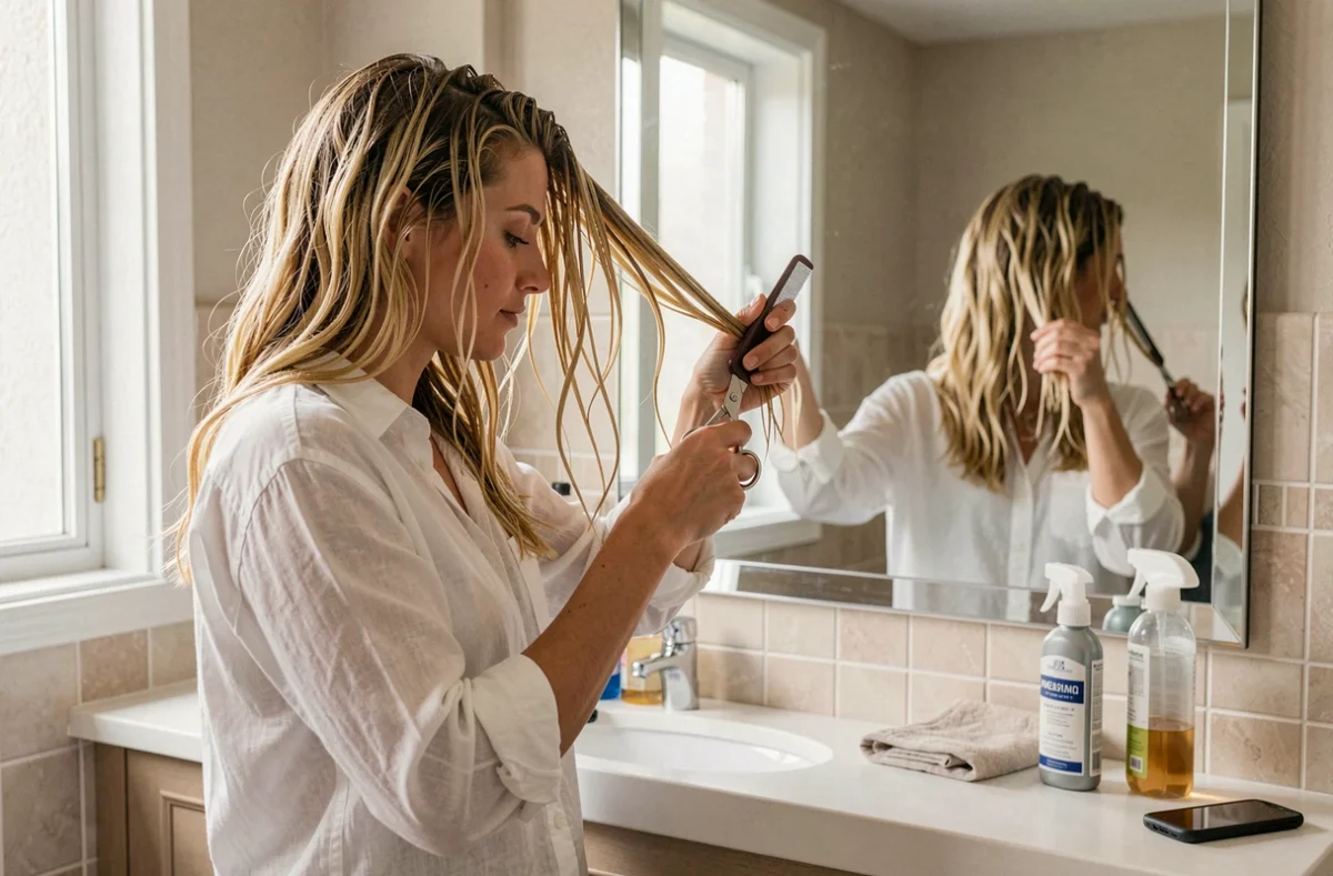 Femme se coupant les pointes devant un miroir de salle de bain avec peigne et ciseaux, cheveux blonds ondulés
