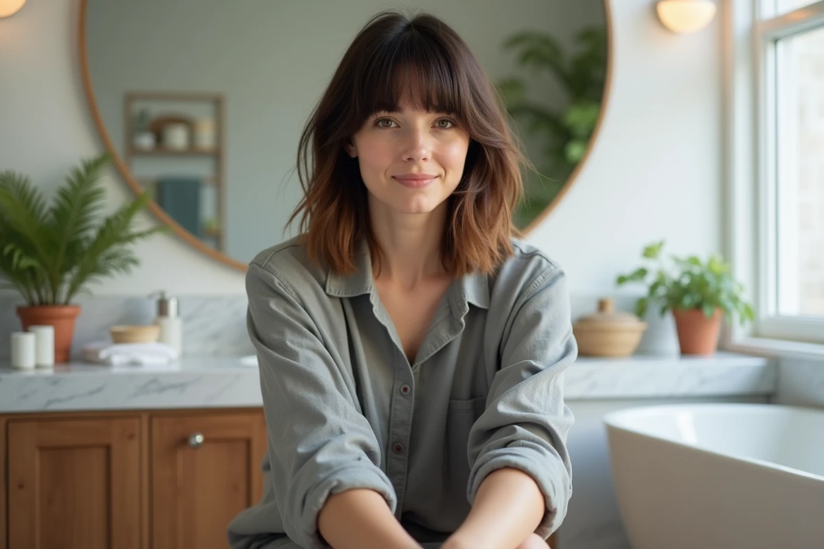 Femme avec coupe shag étagée sur cheveux fins et raides avec mèches châtain pour volumiser et densifier la chevelure