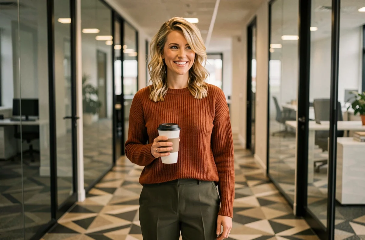 Femme blonde avec coupe shaggy bouclée en pull rouille dans un couloir de bureau moderne