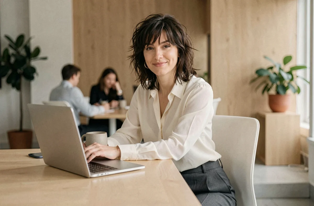 Femme avec une coupe shaggy bouclée châtain portant un chemisier crème au bureau devant un ordinateur portable