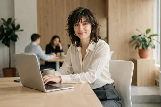 Femme avec une coupe shaggy bouclée châtain portant un chemisier crème au bureau devant un ordinateur portable