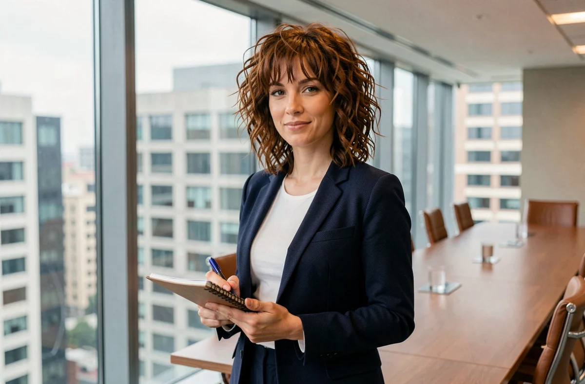 Femme aux cheveux bouclés coupe shaggy auburn en blazer marine dans une salle de réunion professionnelle