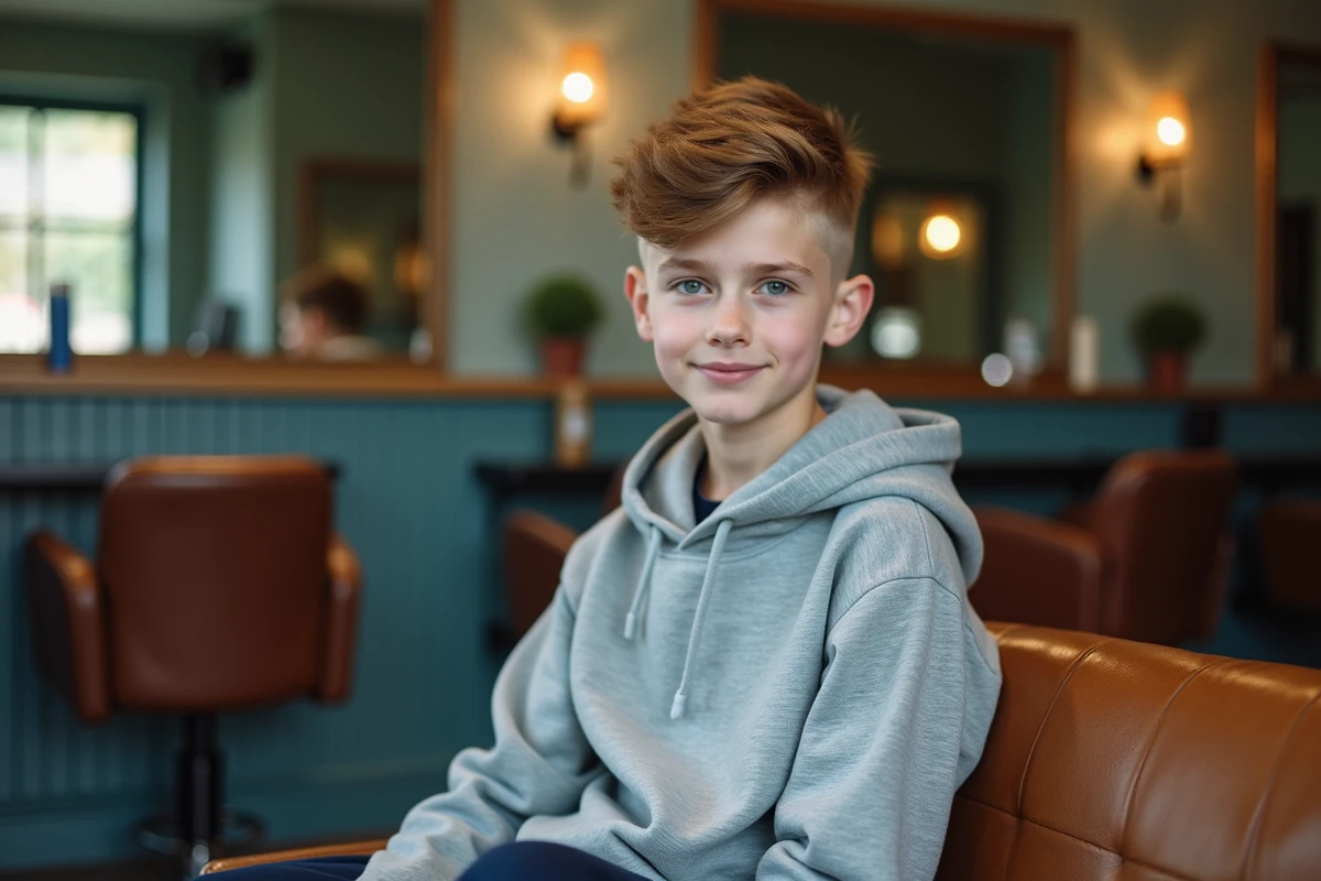 Adolescent assis dans un salon de barbier avec une coupe taper dégradée sur cheveux mi-longs châtains, ambiance moderne et soignée
