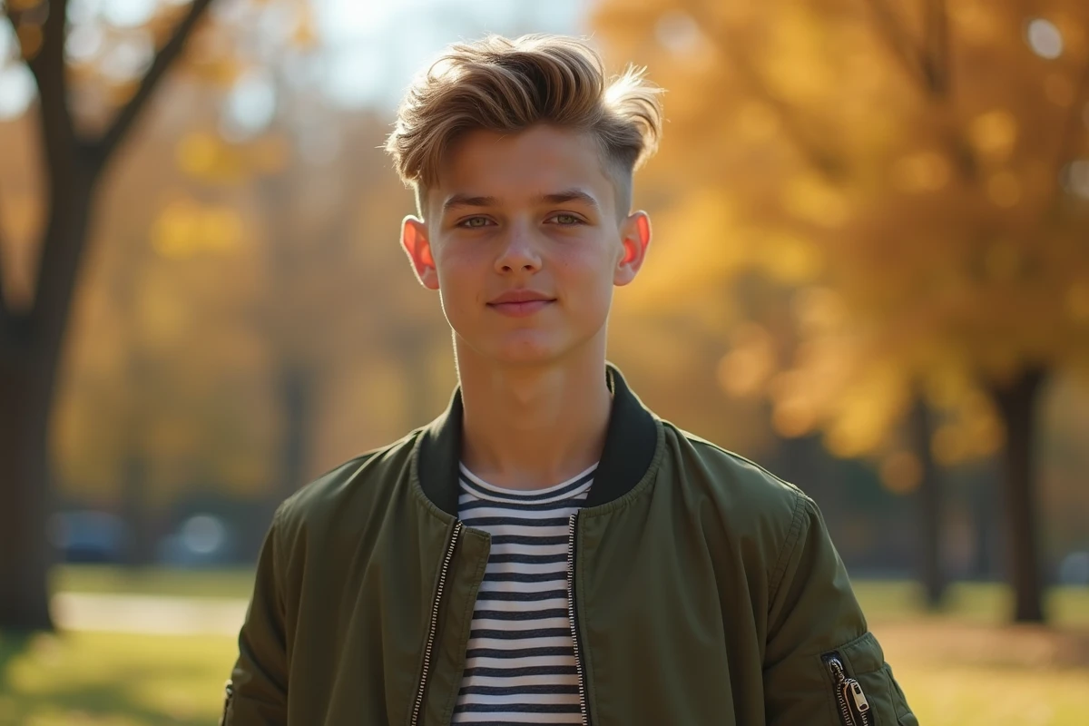 Jeune adolescent en extérieur avec une coupe taper mi-longue blonde ondulée et dégradé bas, style décontracté en veste bomber olive dans un parc en automne