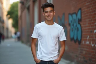 Adolescent avec une coupe taper mi-longue moderne, cheveux bruns volumineux sur le dessus et dégradé sur les côtés, en t-shirt blanc dans un décor urbain