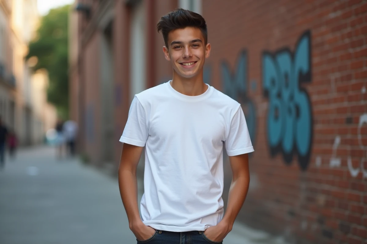Adolescent avec une coupe taper mi-longue moderne, cheveux bruns volumineux sur le dessus et dégradé sur les côtés, en t-shirt blanc dans un décor urbain