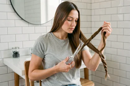 Femme coupant ses pointes seule avec des ciseaux professionnels dans une salle de bain, méthode torsade