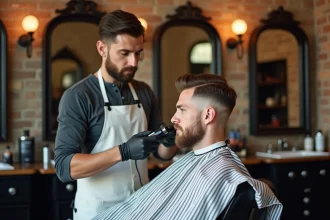 Barbier réalisant un dégradé blanc sur un client dans un salon de coiffure vintage