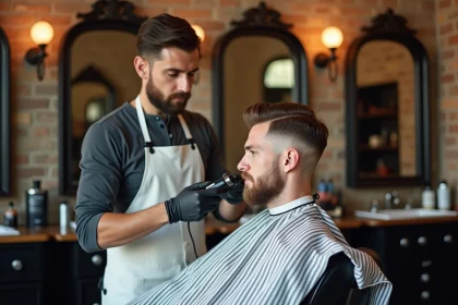 Barbier réalisant un dégradé blanc sur un client dans un salon de coiffure vintage
