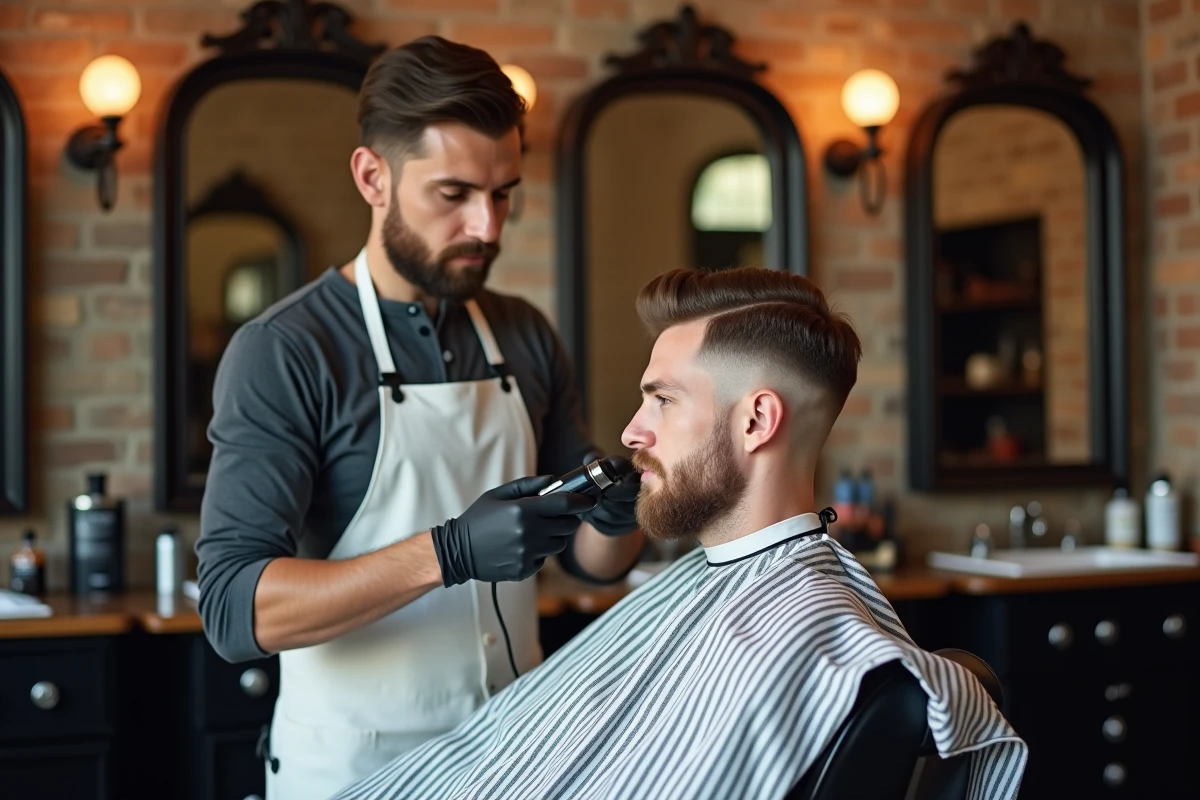 Barbier réalisant un dégradé blanc sur un client dans un salon de coiffure vintage