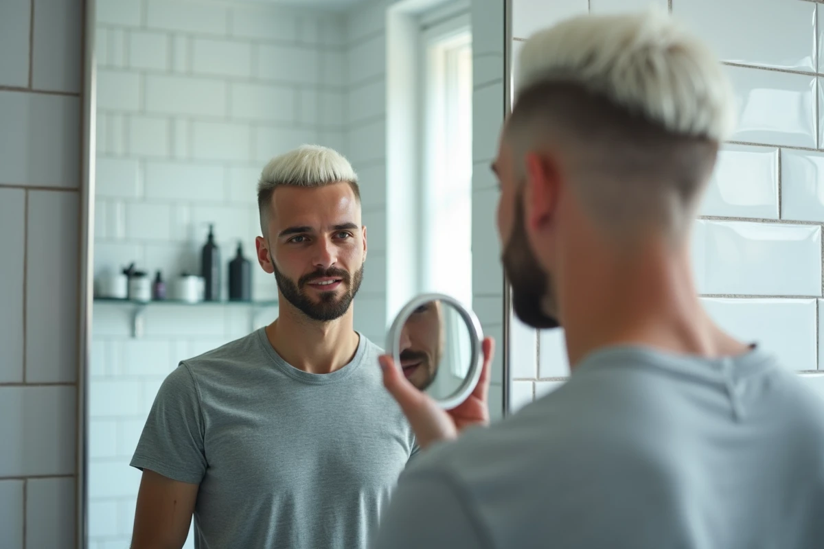 Homme examinant son dégradé blanc dans un miroir de salle de bain moderne