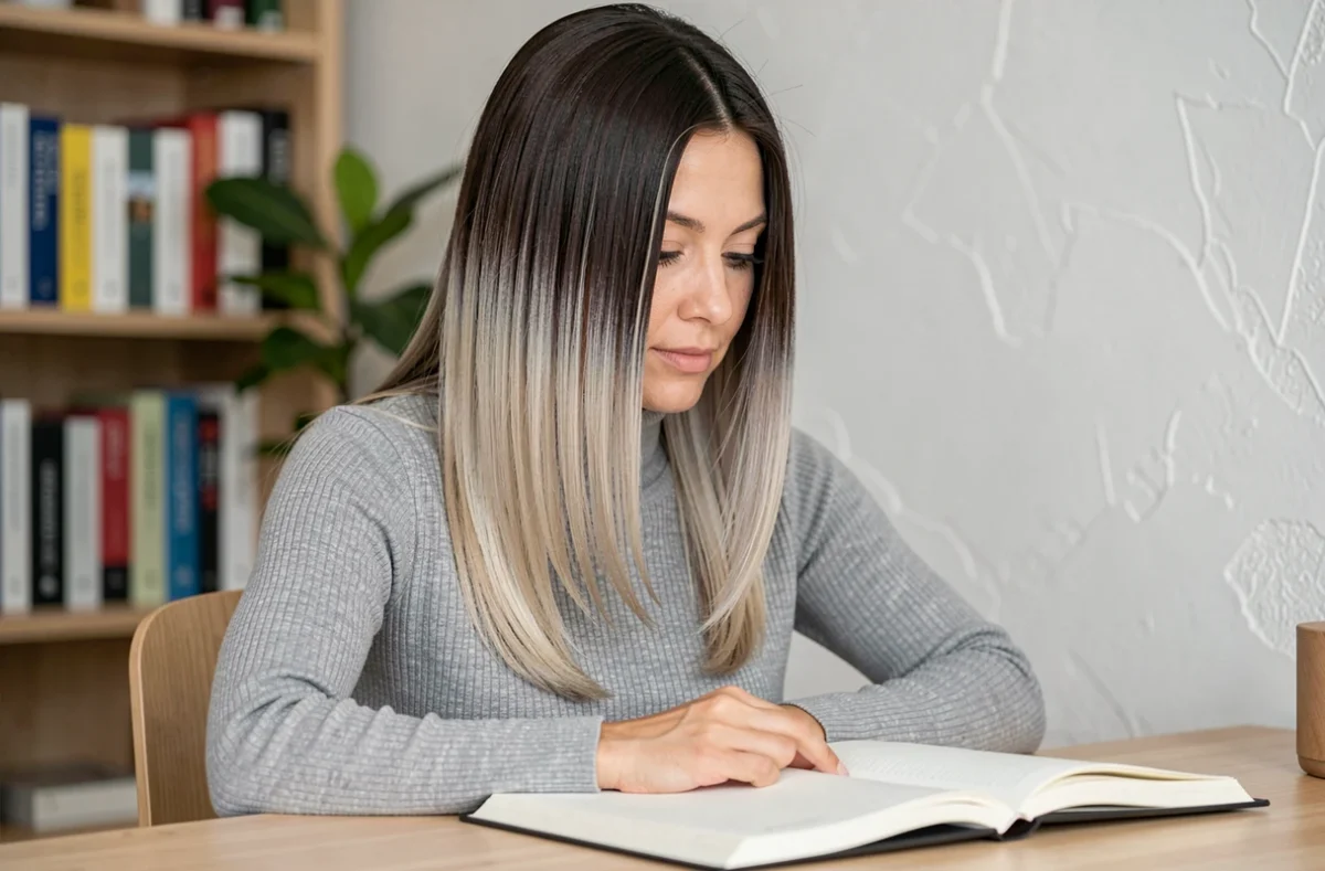 Femme aux cheveux mi-longs en dégradé cendré portant un col roulé gris, ambiance bureau maison naturelle
