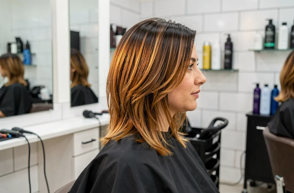 Femme aux cheveux mi-longs avec un dégradé brun naturel chez le coiffeur, coupe en dégradé bien définie