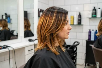 Femme aux cheveux mi-longs avec un dégradé brun naturel chez le coiffeur, coupe en dégradé bien définie