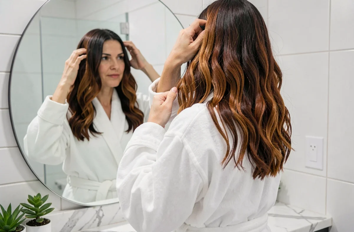 Femme mature avec dégradé cheveux mi-longs ondulés châtain auburn devant miroir salle de bain moderne