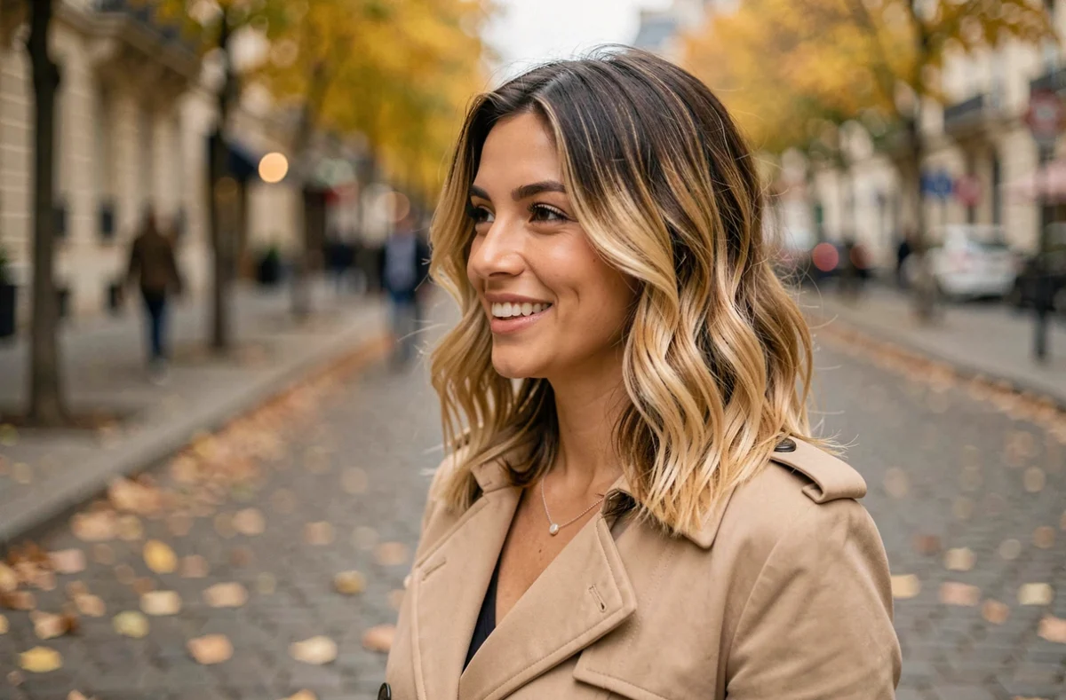 Femme jeune avec dégradé cheveux mi-longs en repousse naturelle, look automnal en extérieur urbain