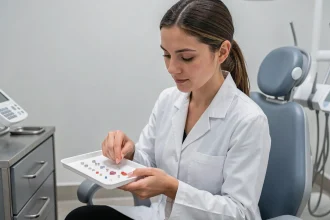 Dentiste examinant des bijoux de piercing langue dans un cabinet dentaire moderne pour évaluer les risques dentaires