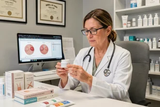 Dermatologue femme en consultation examinant une crème anti-rides Wrinkle Power dans son cabinet médical
