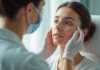 Dermatologue examinant la peau d'une femme dans un cabinet moderne