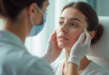 Dermatologue examinant la peau d'une femme dans un cabinet moderne