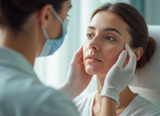 Dermatologue examinant la peau d'une femme dans un cabinet moderne