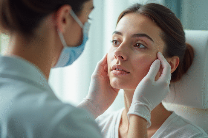 Dermatologue examinant la peau d'une femme dans un cabinet moderne