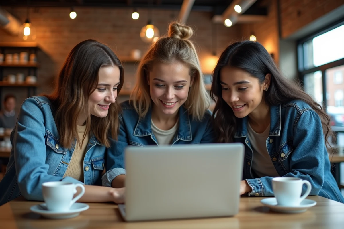 Groupe de jeunes adultes discutant de la protection de leurs contenus numériques autour d'un ordinateur portable dans un café urbain