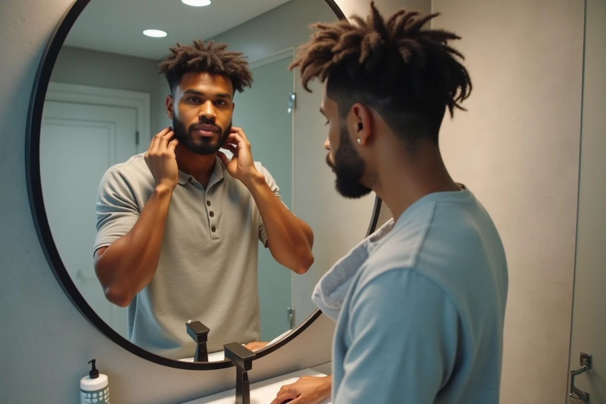 Homme appliquant une crème coiffante sur une permanente garçon pour cheveux courts dans une salle de bain moderne