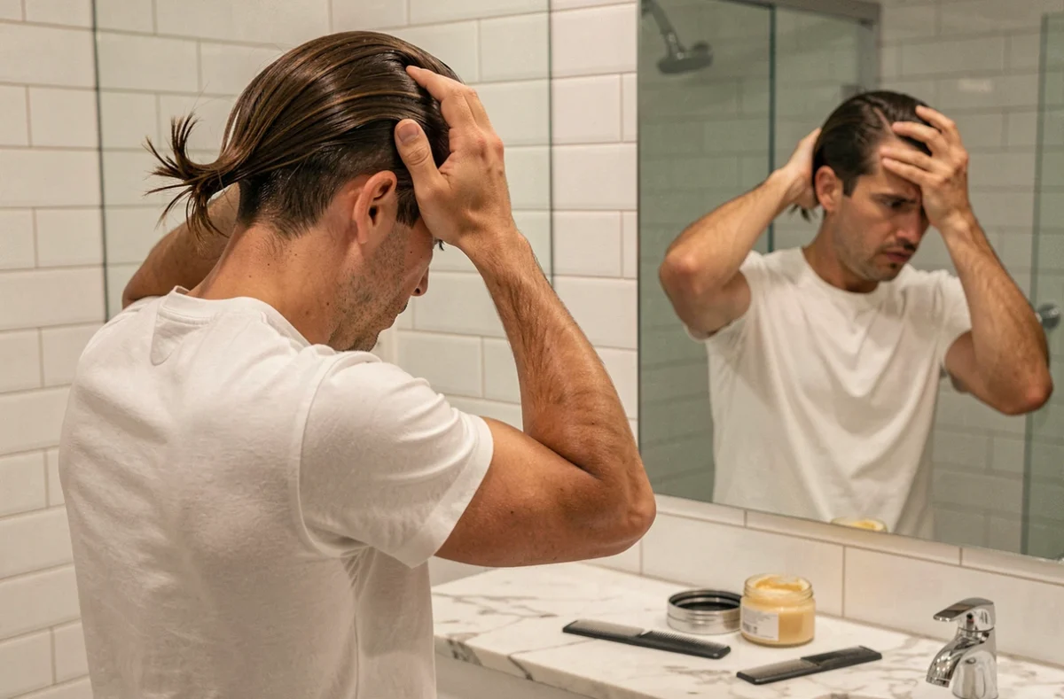 Homme remarquant les erreurs de son slick back dans un miroir de salle de bain avec des produits coiffants sur le comptoir