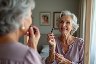 Femme de 70 ans appliquant du fond de teint devant un miroir