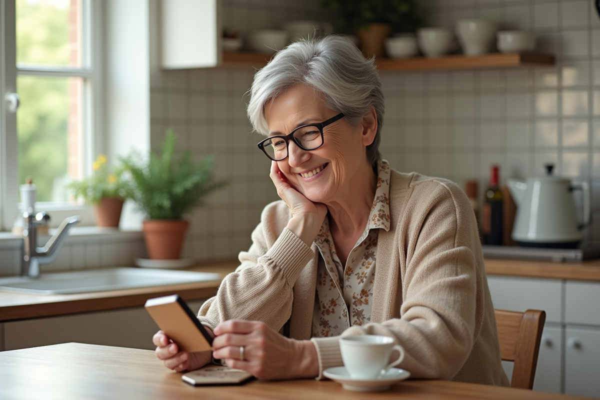 Femme de 70 ans appliquant du rouge à lèvres dans la cuisine