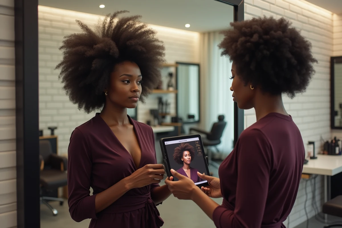 Femme aux cheveux afro bouclés comparant une coupe virtuelle sur tablette dans un salon de coiffure