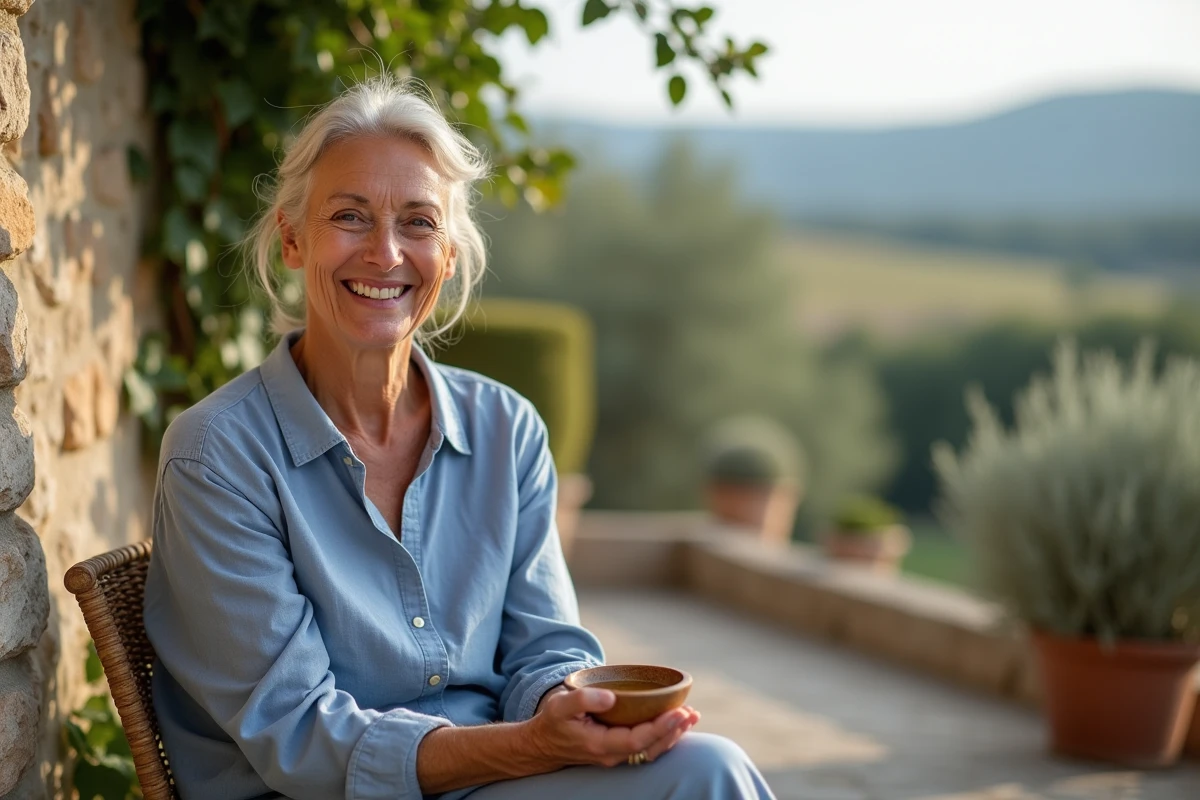 Femme âgée souriante tenant un bol d'huile d'olive sur une terrasse provençale, illustrant un soin naturel anti-âge