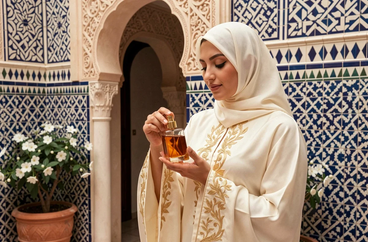 Femme élégante en abaya ivoire appliquant le parfum Gissah sur son poignet dans un riad marocain aux mosaïques de zellige bleu et blanc