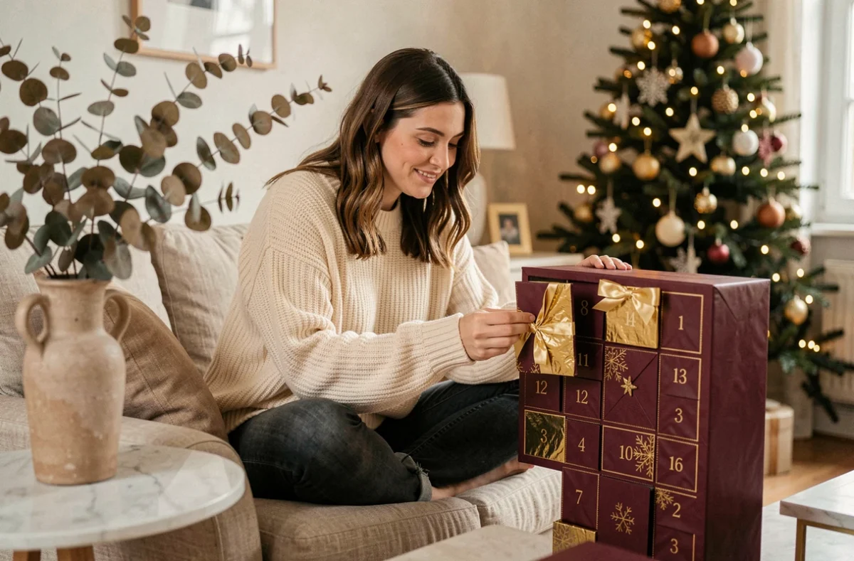 Femme en pull douillet ouvrant un calendrier de l'avent beauté élégant dans un salon décoré pour Noël