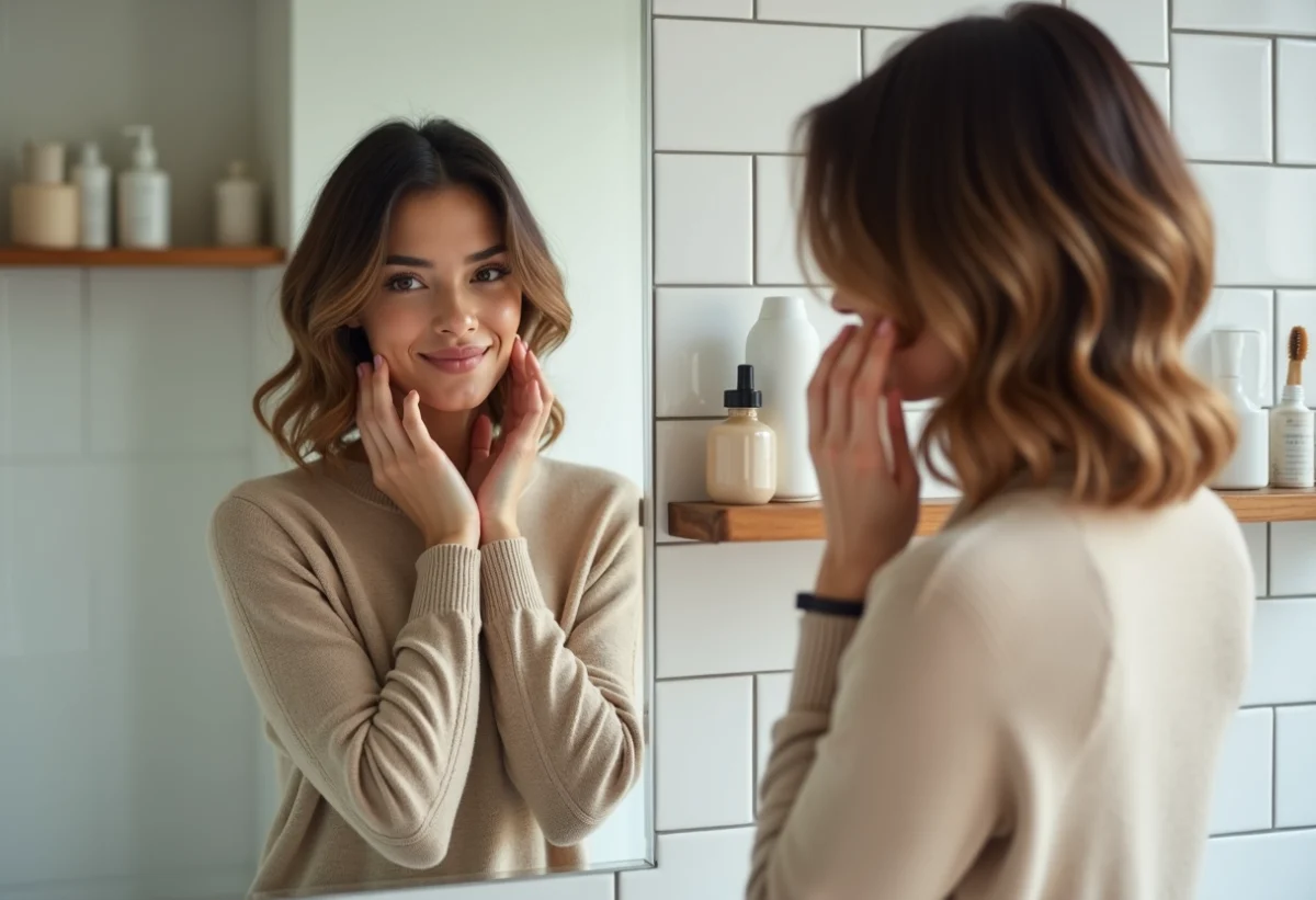 Femme regardant son nouveau carré dégradé dans un miroir