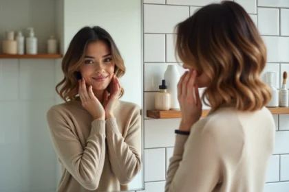 Femme regardant son nouveau carré dégradé dans un miroir