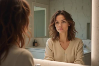 Femme regardant son reflet avec cheveux abimes