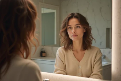 Femme regardant son reflet avec cheveux abimes