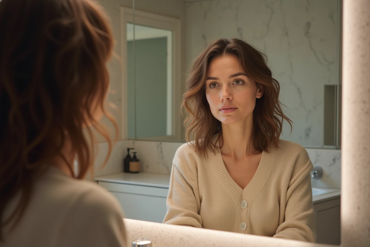 Femme regardant son reflet avec cheveux abimes