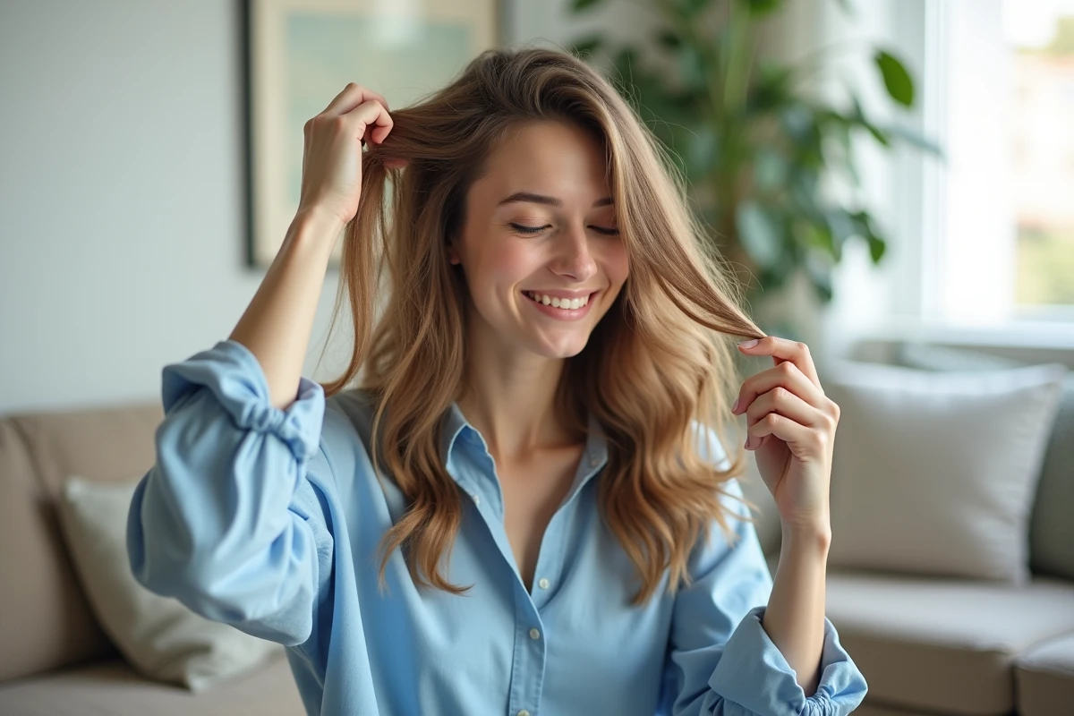Jeune femme souriante avec cheveux sains dans un salon