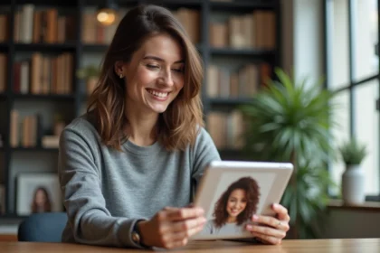 Femme souriante utilisant une tablette pour tester des coiffures digitales