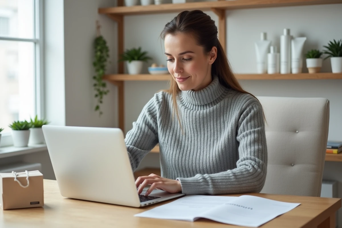 Femme consultant les options de livraison Primor France sur un ordinateur portable